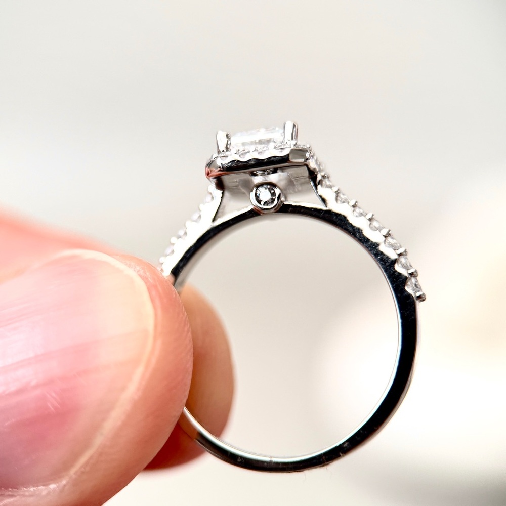 1.35ctw S925 Moissanite Emerald Cut Halo Engagement Ring 18K Gold Plate - Picture 7 of 9